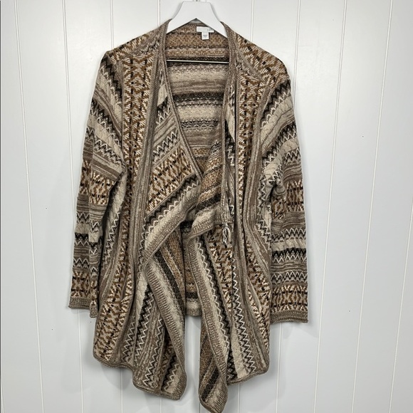J. Jill Womens Waterfall Front Cardigan L Brown Tan Cream Pockets Aztec Wool EUC - Picture 1 of 15